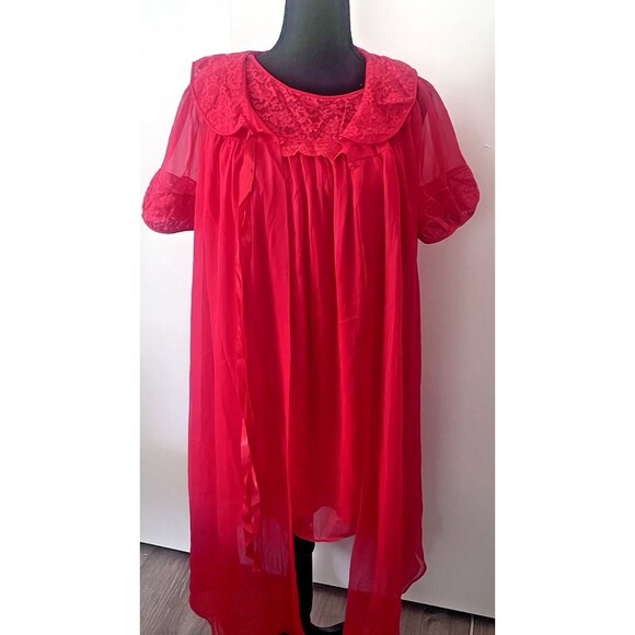 1950s Vesarette Sheer Peignoir Nightie Set Medium Red Lace...